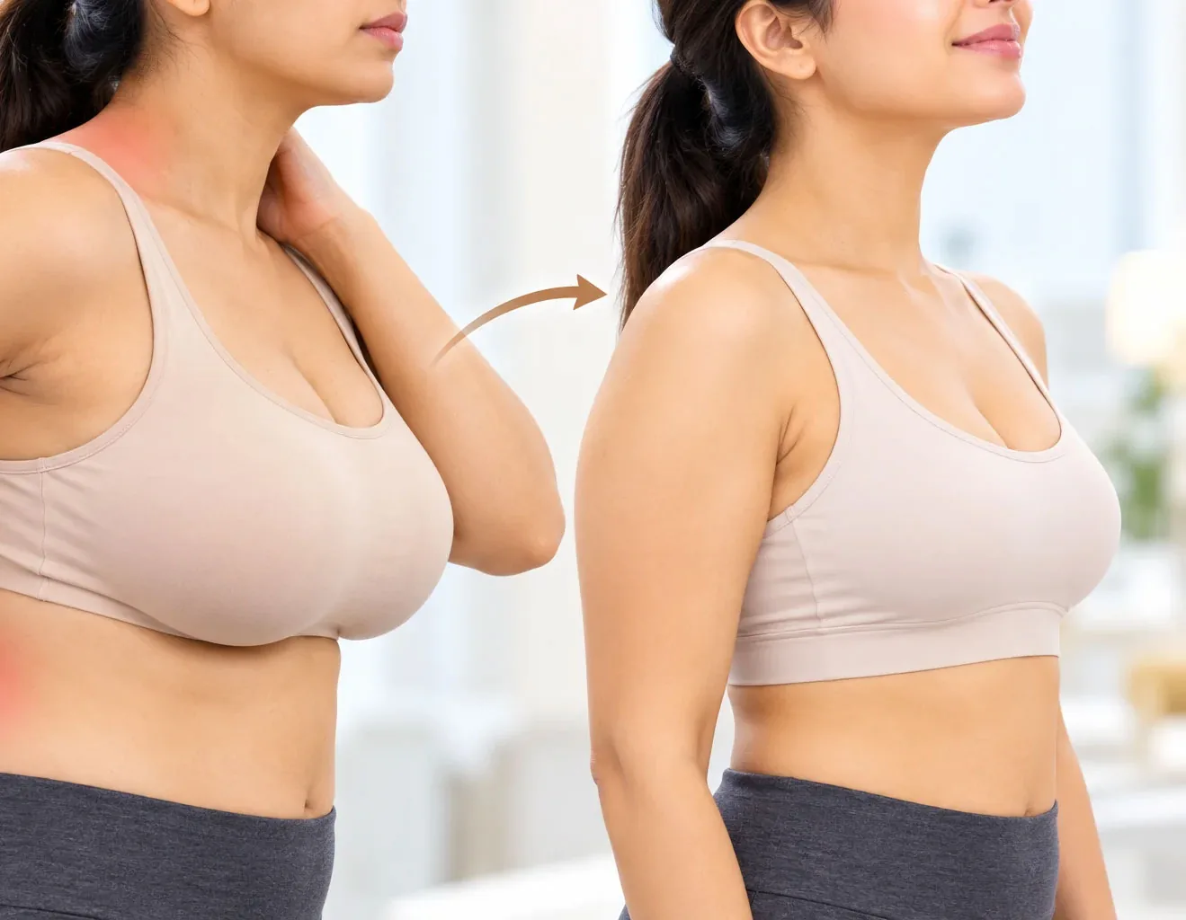 Before and after breast reduction comparison of a woman in a bra
