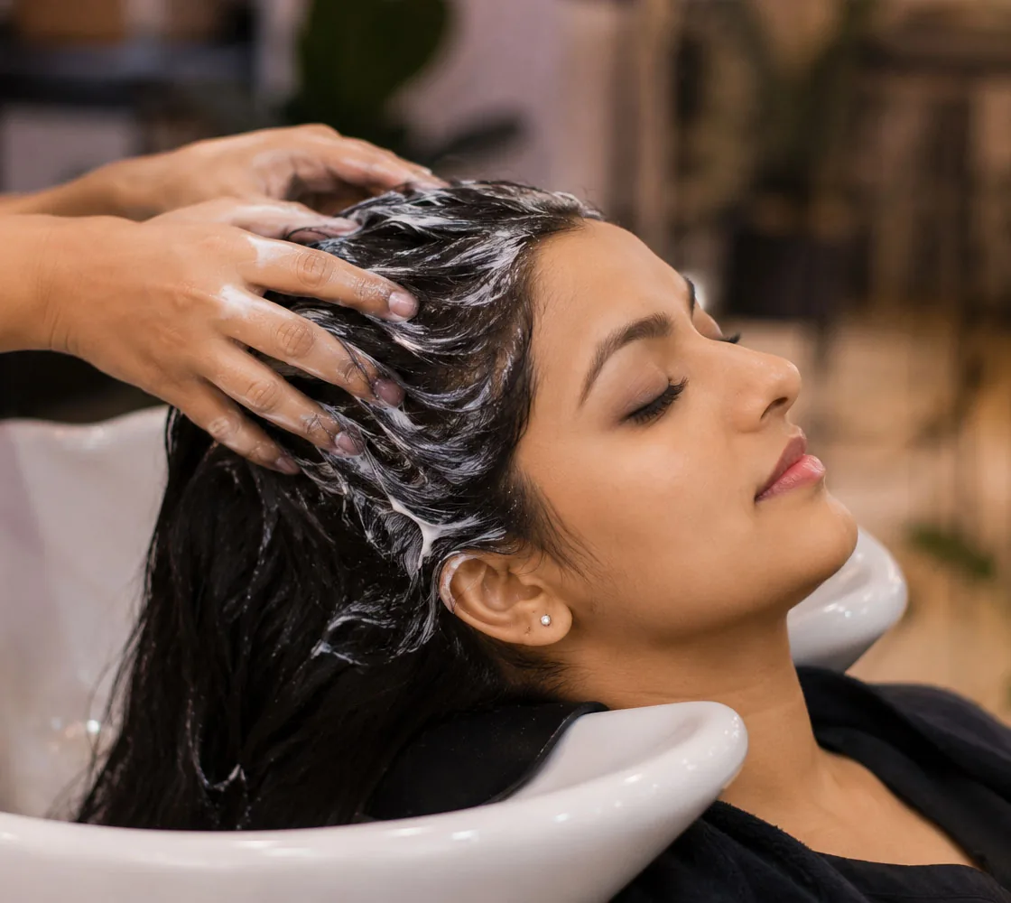 Woman receiving a hair protein treatment at a salon wash basin