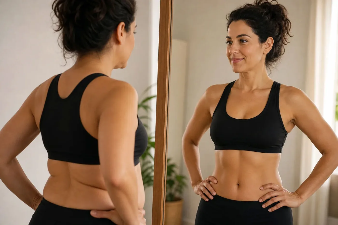 Woman in sportswear checking her waistline in a mirror