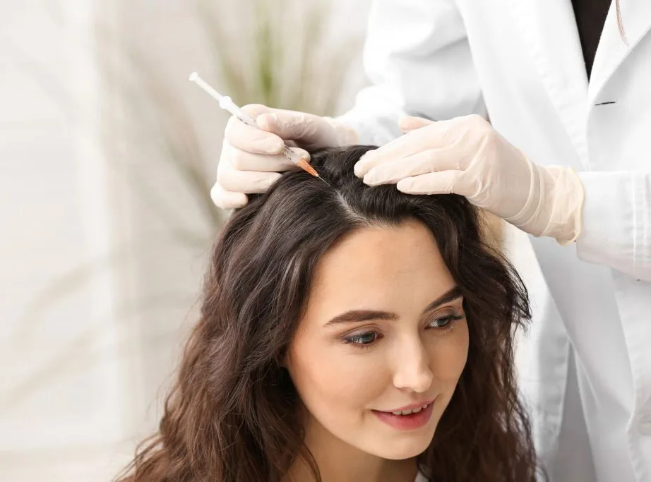 Doctor giving a PRP hair treatment injection to a woman’s scalp
