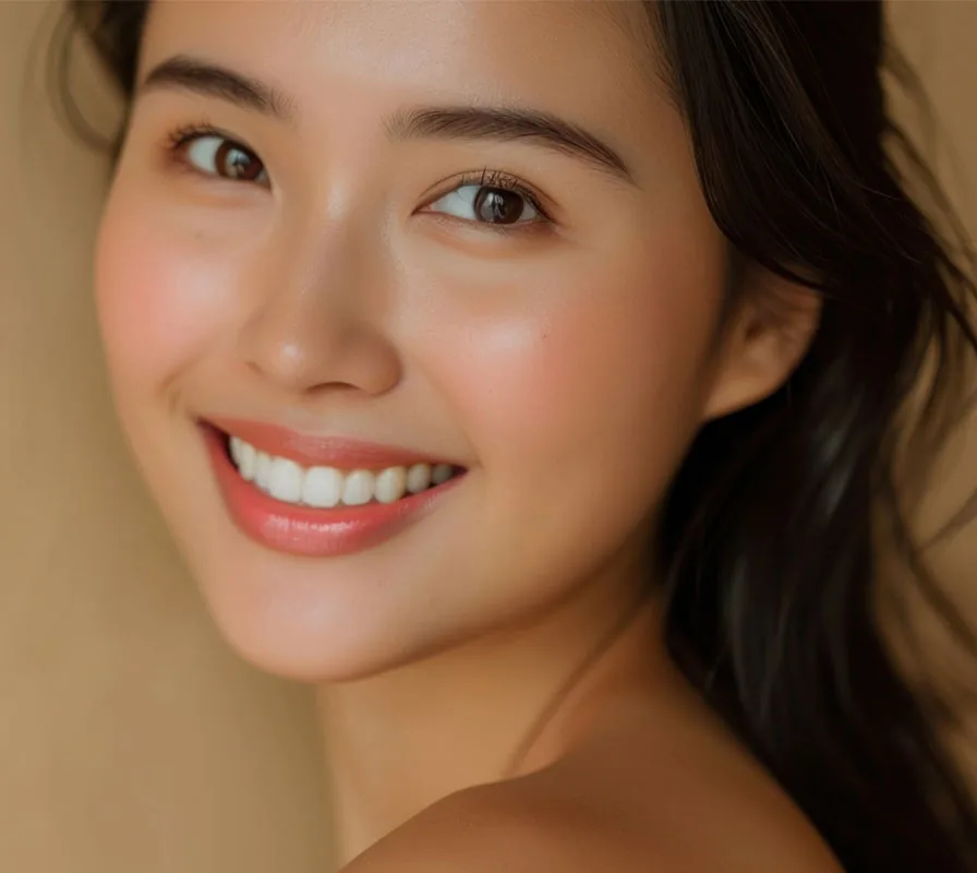 Smiling woman with bright, glowing skin