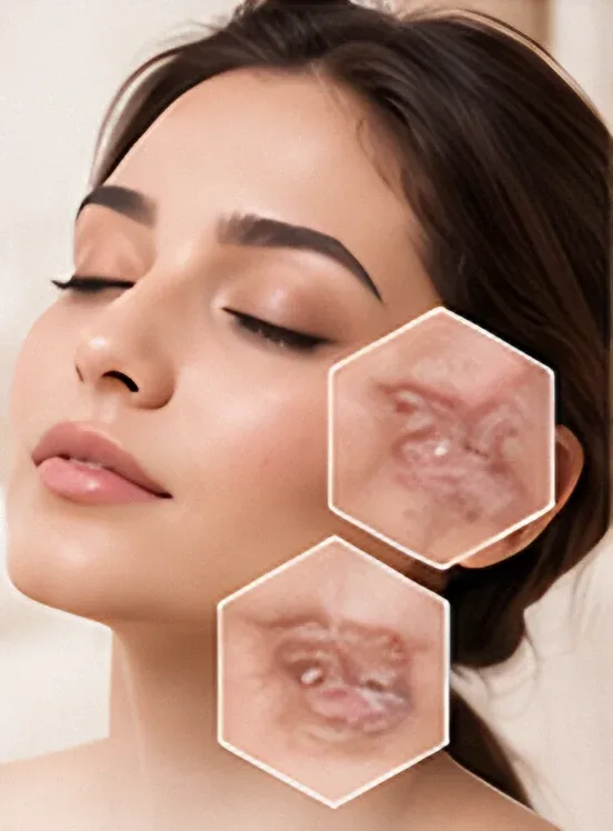 Woman with clear skin and close-ups of acne scars before treatment