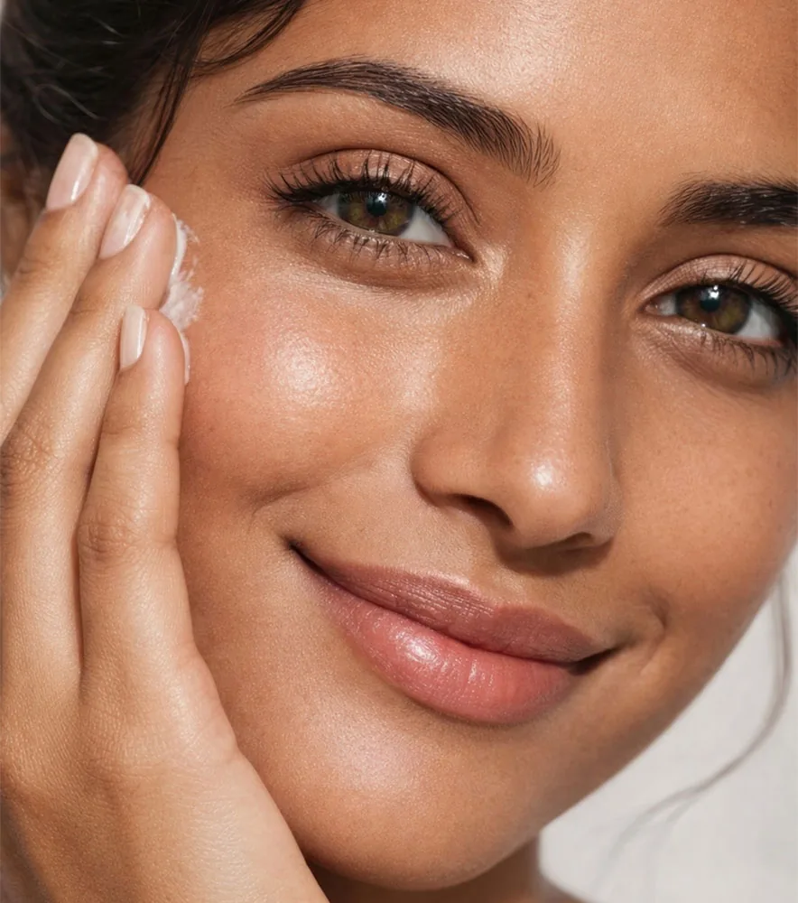 Indian woman with radiant skin touching her face